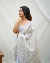 Lustrous heaviest Chikankari Worked Milky White Heavy Pure Organza saree